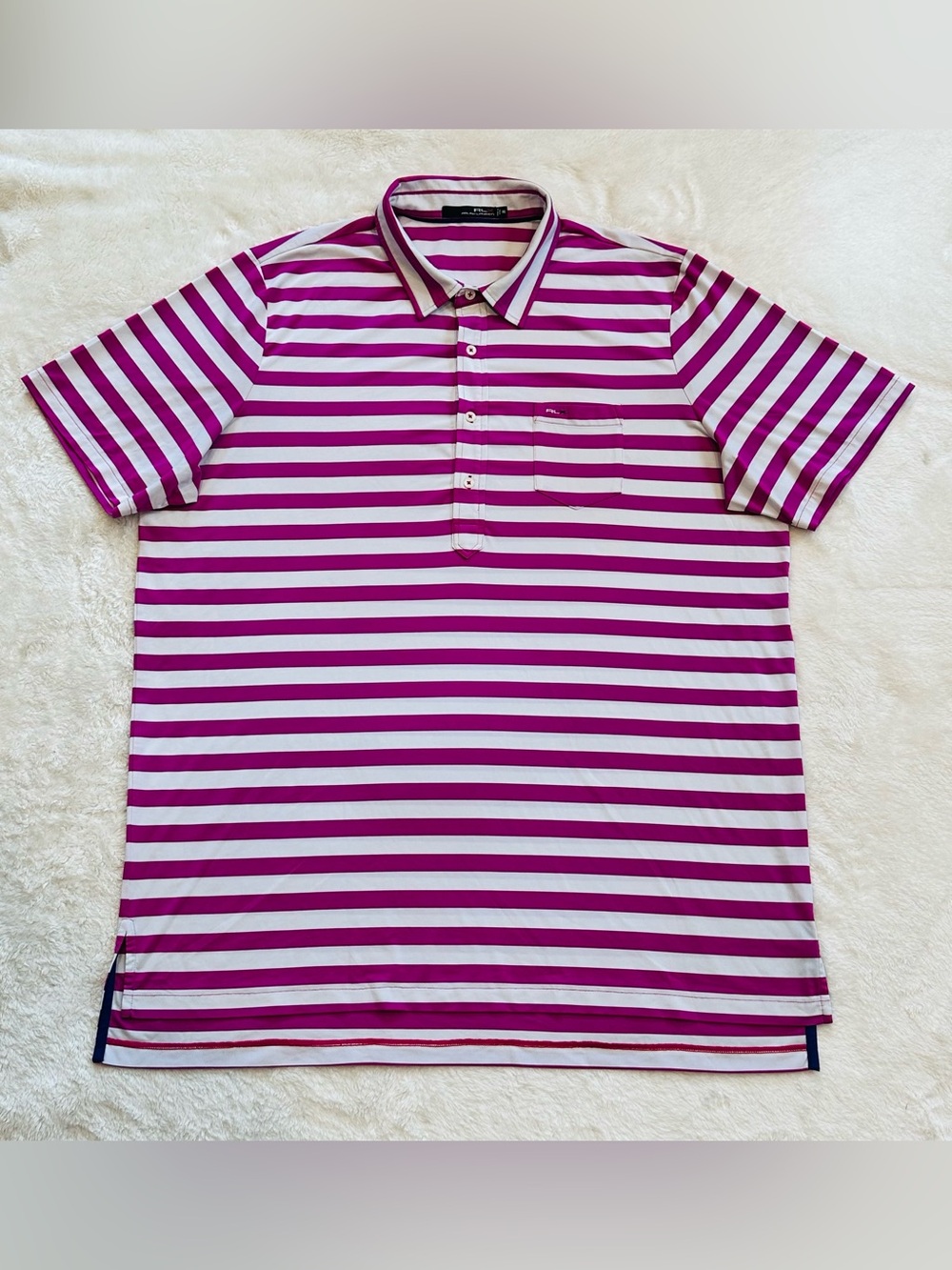 RLX Ralph Lauren Mens XXL 2XL Golf Polo Shirt Magenta Pink White Striped Pocket